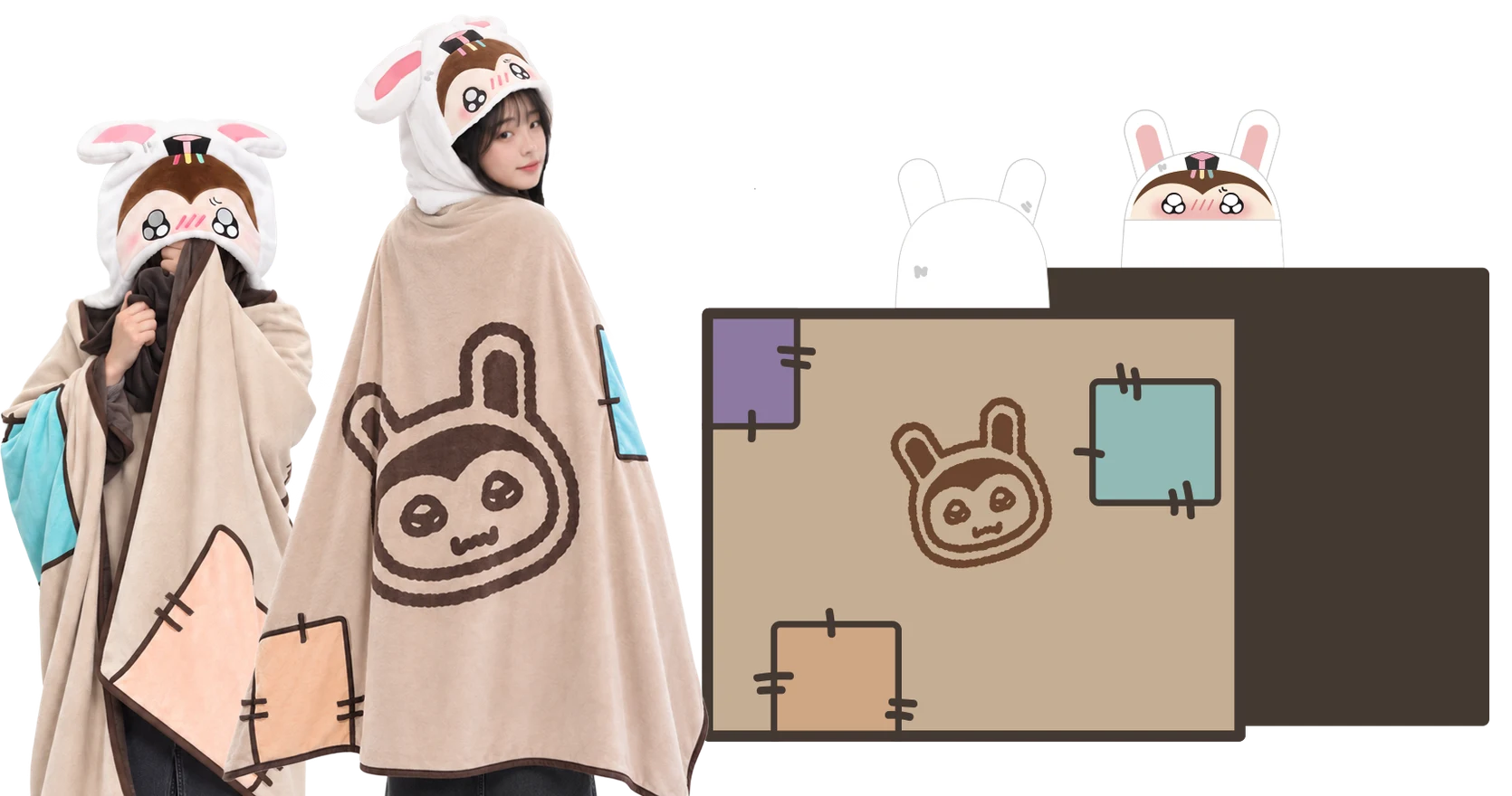 달토끼 멍석말이 후드 담요 착용 컷과 펼친 모습